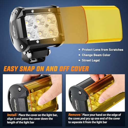 Image of Nilight LED Light Pods with Yellow Black Covers 2 PCS 18 W 1260LM | Flood Beam, Super Bright Off Road Driving Fog Boat Lighting for Trucks Pickup Golf Cart SUV ATV UTV 4x4 Van Camper