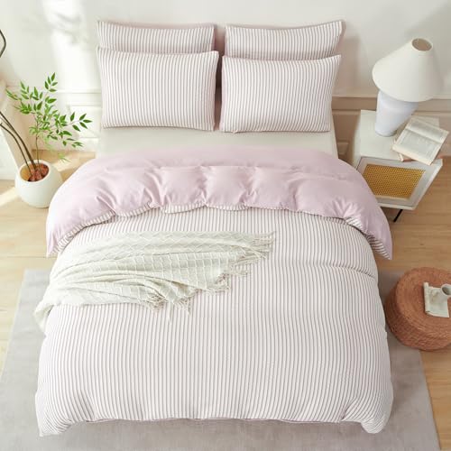 Image of Light Purple Striped Comforter Set Queen - 3 Pieces Bedding Comforter Set for All Season, Soft Lightweight Washed Microfiber, 1 Striped Comforter and 2 Pillowcases (Light Purple, Queen Size)
