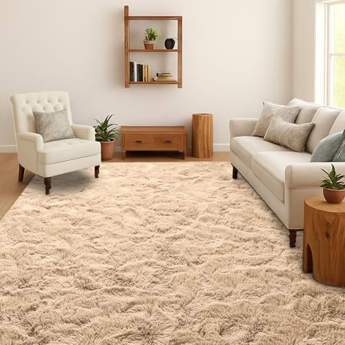 SOANNY Tapis à Poils Longs pour Salon, Lavable, Antidérapant & Doux, Uni Shaggy pour Chambre & Chambre d’Enfant, Rug de Chevet, 140x200 cm, Beige