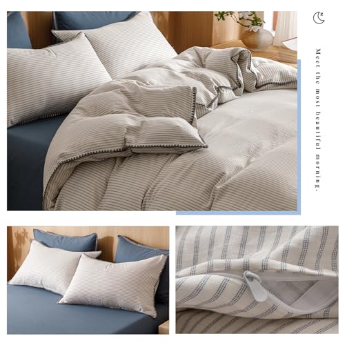 Image of VM VOUGEMARKET Beige Grey Duvet Cover Set with Blue Stripes 3pcs Yarn Dyed Muslin Cotton Vertical Striped Ticking Pattern Bedding Set Without Comforter - Queen Size
