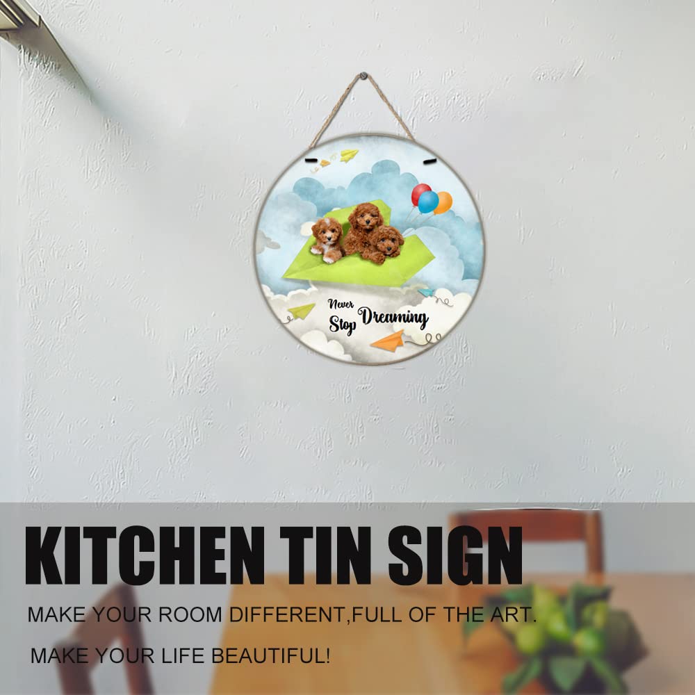 Finamille Inspirational Wall Art -Never Stop Dreaming,Poodles Dog Shabby Chic Round Sign for Kid's Bedroom Classroom Nursery 12x12 Inches Wooden Door Hanger