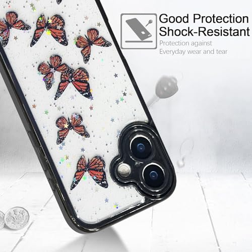 Image of VONZEE for iPhone 16 Clear Glitter Butterfly Case, Cute Bling Sparkle Shiny Soft TPU Bumper Shockproof Women Girls Slim Protective Phone Cover for iPhone 16 6.1 inch,Black