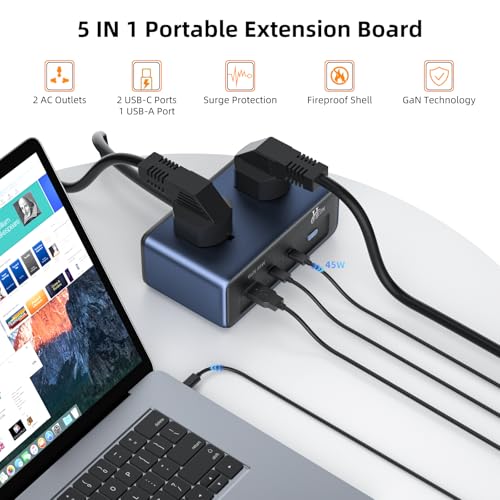 Image of Hoteon Extension Board with Surge Protection, 45W USB-C PD Fast Charging (GaN), 10A /2500W Spike Guard, 2 Universal Sockets, 2 Type-C + 1 USB-A, 2m Extension Cord with Indian 3-Pin Plug for Home /Office