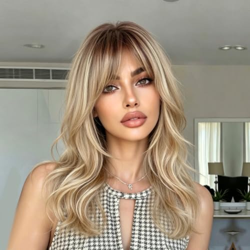 XIXIBI Blonde Highlight Layered Wavy Wig with Bangs for Women Beginners