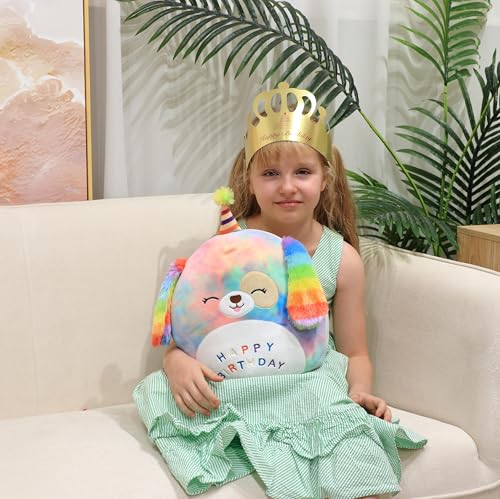 Image of Easfan 12'' Original Rainbow Birthday Dog Plush Pillow Soft Puppy Plush Toy Cute Dog Stuffed Animal Birthday Gifts for Kids Toddlers