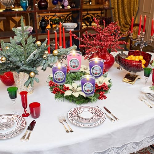 Image of Purple and Pink Christmas Advent Votive Candles in Glass, Unscented 15 Hour Soy Wax Love, Hope, Peace and Joy Candles for Christmas Wedding Table Home Spa Holidays Party, 4 Packs