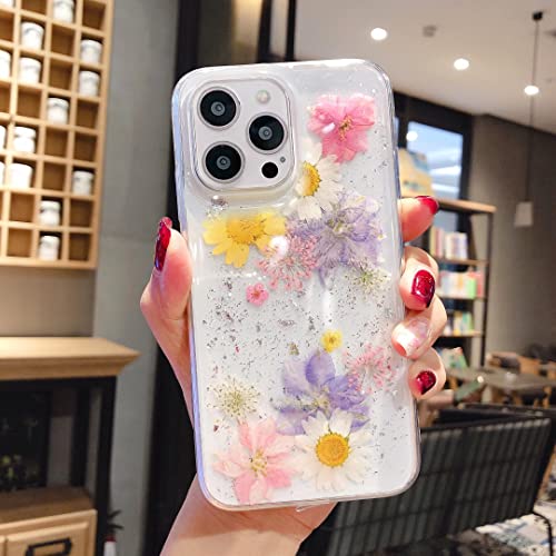Coque iPhone 14 Pro Max paillettes fleurs pressées bleu rose