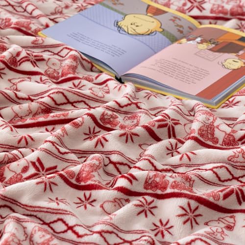 Image of Berkshire Peanuts VelvetLoft Cute Character Snoopy Plush Blanket,Cozy Fairisle Crimson Neutral,King 90 in x 108 in (Official Peanuts Product)