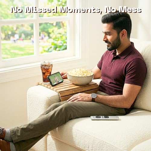 Image of Classyo Sofa Armrest Tray, Sofa Arm Tray - Dining Table Mats Flexible & Foldable - Suitable for Food, Drinks, Snacks, Cup- Acacia Wood (11 in x 17 in)