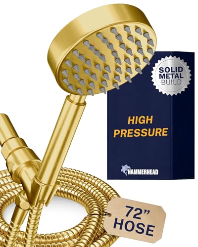 Image of HammerHead Showers Solid Metal Handheld Shower Head with Hose and Brass Holder - CHROME - 2.5 GPM High Pressure Shower Heads with Adjustable Shower Wand Bracket (Brushed Gold, 2.5 GPM)
