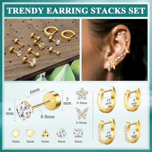Hypoallergenic 14K Gold Flat Back Earrings Stacks for Women:316L Surgical Steel Small Hoops Earrings 20G Flat back Studs for Cartilage, Helix, Tragus|Trendy Earring Set for Multiple Piercing2