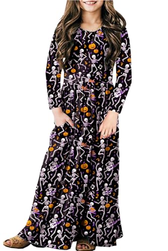 Image of Girls Sugar Skull Maxi Dress Long Sleeve Skeleton Halloween Funny Floor Length Dresses 7-8 Years