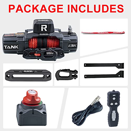 Rugcel Winch 13500Lb Tank Waterproof Electric Synthetic Rope Winch 12V With Hawse Fairlead, 2 In 1 Wireless Remote,Red Rope，For Truck Suv #TOP3