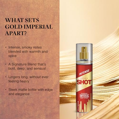Image of Layer'r Shot Gold Imperial Body Spray for Men, Pack of 4 (4x50ml) | Long-Lasting Fresh Spicy Woody Fragrance with Bergamot, Patchouli & Amber | Travel Size Deodorant | IFRA Certified