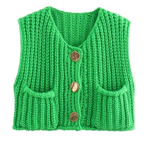 Image of YBSKG Womens Crochet Knit Top Sleeveless Button Down Crop Top Open Front Sweater Cardigan Vest with Pockets