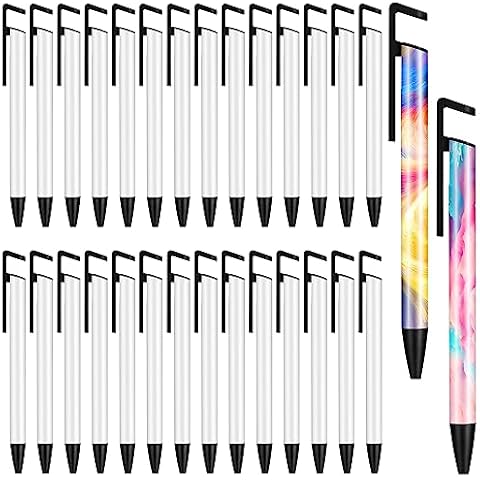 Yatihugy Sublimation Pens Blank, 30 Pcs Heat Transfer Pen With Shrink Wrap Sleeves, Mobile Phone Stand Aluminum Sublimation Blanks Bulk, Clip Ballpoint Pen for Christmas DIY Office School Cover