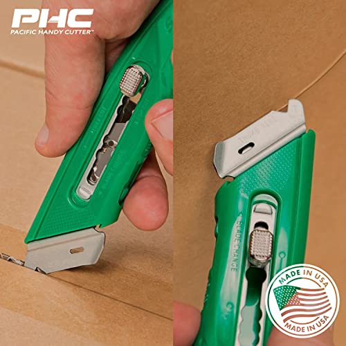 Pacific Handy Cutter S4R Safety Cutter, Retractable Utility Knife With An Ergonomical Design, Bladeless Tape Splitter, Steel Guard For Safety And Damage Protection, For Warehouse And In-Store Cutting , Green #TOP4