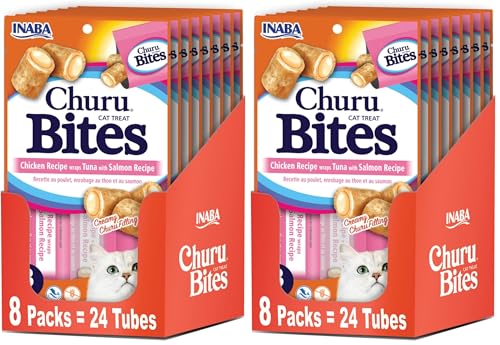 Image of INABA Churu Bites for Cats, Soft /Chewy Baked Chicken Wrapped Churu Filled Cat Treats with Vitamin E, 0.35 Ounces per Tube, (3 Tubes per Pack), Tuna with Salmon Recipe, (Pack of 48)