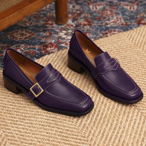 Image of MOOMMO Women Chunky Heel Penny Loafers Square Toe Buckle Slip On Comfort | Office Ladies Loafer Pumps 2 inch Stacked Block Heel Dress Loafers Oxfords Walking Dress Shoes Casual Size 4-11 M US