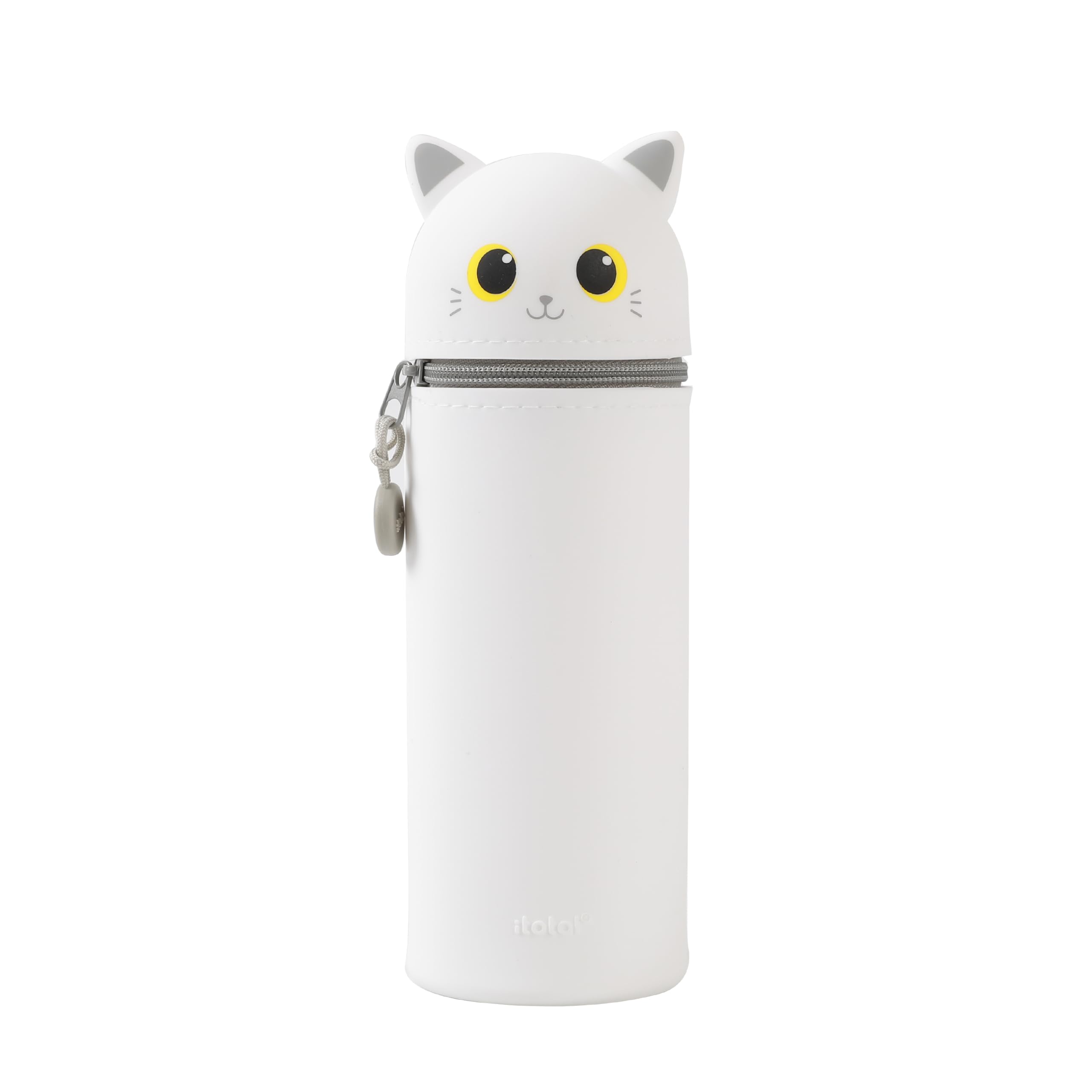 I-TOTAL® - Soft Silicone Pencil Case for School - Extendable with Animal Shaped Shape, Beauty Case (White CAT)