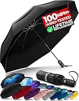 TUMELLA Strongest Windproof Travel Umbrella (Compact, 100MPH Wind-Tested), Light, Portable, One-Handed Use, Automatic Folding Rain Umbrella, Durable, Premium Grip, Fits Car & Backpack Black