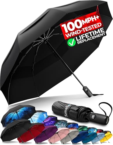 TUMELLA Strongest Windproof Travel Umbrella (Compact, 100MPH Wind-Tested), Light, Portable, One-Handed Use, Automatic Folding Rain Umbrella, Durable, Premium Grip, Fits Car & Backpack