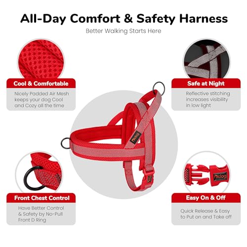Image of Didog No Pull Dog Harness for Large Dogs, Breathable Mesh Padded, Red, L | Quick Fit, Easy On and Off, Adjustable, Reflective Vest Harness for Night Safty, Easy for Walking and Training, Chest 26-32 inch