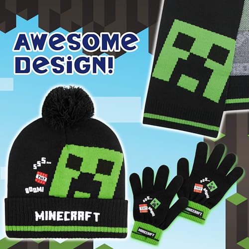 Image of Minecraft Winter Set for Boys, Teens, 3 Piece Hat Scarf Gloves or 2 Piece Gloves & Hat, Winter Accessories, Gifts for Boys