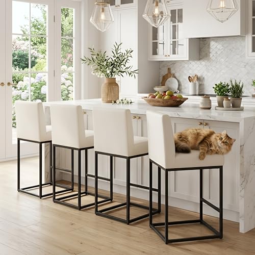 Image of HNY Modern Counter Height Bar Stools Set of 4, Leather Upholstered Barstools with Back, 27 Inch Tall Bar Chair with Armless for Kitchen Island, with Black Metal Frame, White