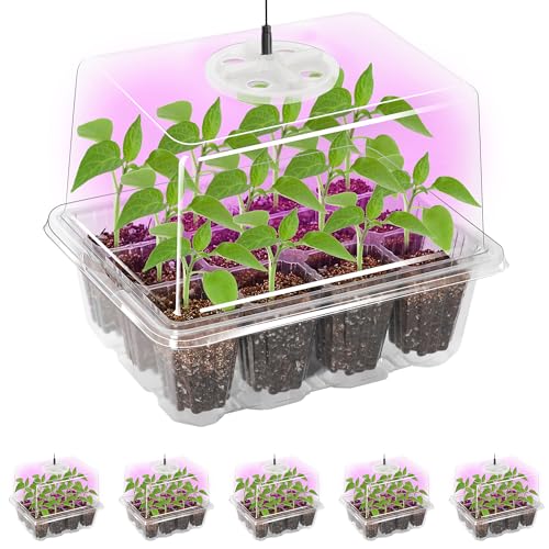 Bonviee 5 Packs Seed Starter Tray with Grow Light, Elevated Seedling Starter Trays Kits with Adjustable Humidity Domes and Clear Cell Tray, 12 Full Spectrum led lamp Beads for Plants Indoor-Clear