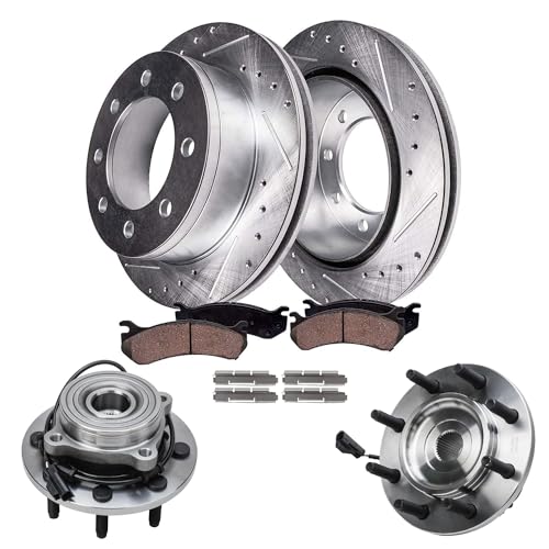 Image of Detroit Axle - 4WD Front Wheel Bearing Hubs Brake Kit for 03-05 Dodge Ram 2500 3500 Wheel Bearing Hubs Drilled Slotted Brake Rotors Ceramic Brakes Pads 2003 2004 2005 Replacement : 13.91 inch inch Rotor
