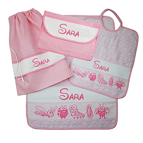 SET ASILO PERSONALIZZATO CON NOME composto da 4 pezzi:bavaglino spugna con elastico cm.28x33, asciugamano cm.40x55 ,sacca e bustina con fascia PERSONALIZZATI Cotone 100% Made in Italy (ROSA)