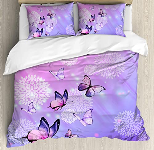 Faiiuerk Girly Butterfly Queen Size Duvet Cover Set Butterflies Purple And Pink Printed Bedding Set(1 Duvet Cover + 2 Pillow Cases) #TOP1