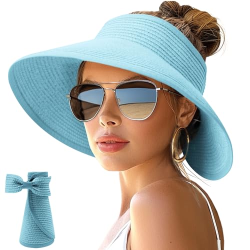 Image of NPJY Sun Hats for Women Wide Brim Roll-Up Beach Ponytail Hat Packable Foldable Travel Straw Visor