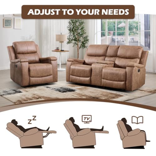Image of CANMOV Faux Leather Manual Reclining Sofa Set, Manual Single Recliner Chair and 2 Seat Recliner Loveseat with Center Console, Hidden Storage and Cup Holders for Living Room,Bedroom Furniture,Nut Brown