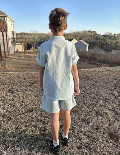 Image of Arshiner Boy's 2 Pieces Linen Sets Short Sleeve Henley Shirt and Shorts Summer Beach Matching Outfits 4-12 Years