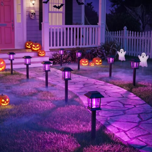 Image of Greluna Solar Lights Outdoor,12 Pack Purple Waterproof Auto On /Off Solar Pathway Lights for Your Garden, Landscape, Path, Yard, Patio, Driveway,Walkway Halloween Decor