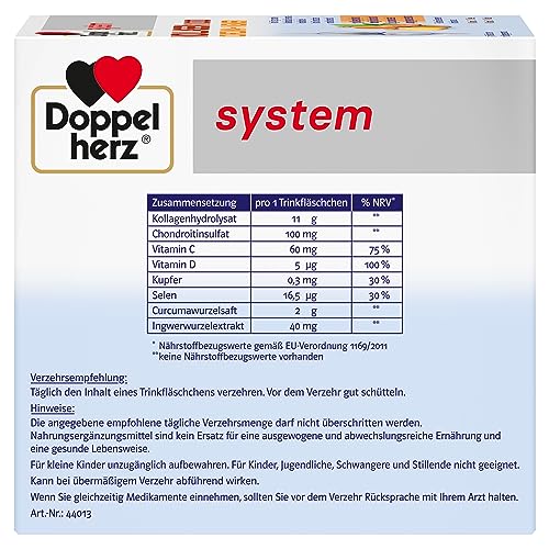 Doppelherz system KOLLAGEN 11.000 CURCUMA + INGWER – Vitamin C trägt zur normalen Kollagenbildung für eine normale Funktion von Knorpeln und Knochen bei – 2 x 30 Trinkfläschchen
