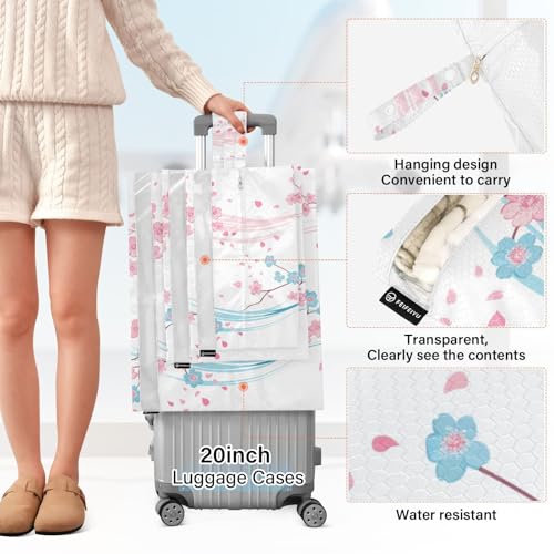 Pink Blue Cherry Blossom 3 Piecing Packing Travel Bag Garment Bag Closet Storage Blanket Storage Bags Plastic Storage2