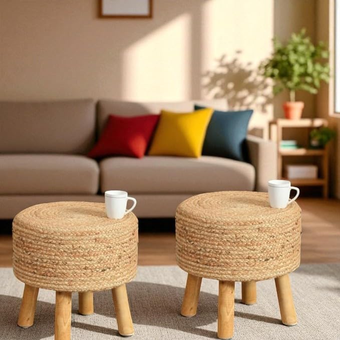Sitting Solutions for Home - Wooden Frame Round Ottomans | Ottoman for Living Room Set of 2 for Sitting | Bedroom, Study & Makeup Table, 16x16x18 Inch (Combo Jute-Stool)-image-20