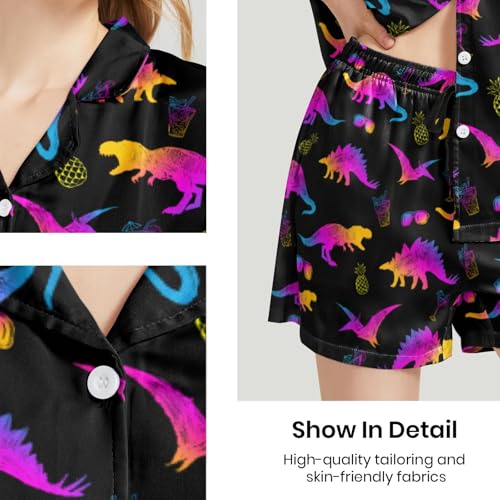 Image of Funny Pajamas for Women Set Print Satin Loungewear Pjs Short Sleeve Button Down Top and Shorts Sets Sleepwear XS-3XL