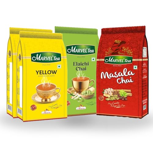Image of Marvel Tea Combo of Yellow 2 x 250gm, Elaichi, Masala Tea 250 Gm Each with Kadak Ctc, Handpicked Strong Chai from Assam & Darjeeling, Refreshing Aroma & Rich Taste - Combo of 3