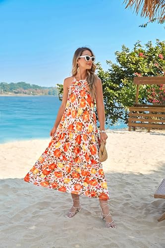 Image of GRACE KARIN 2026 Women's Floral Halter Maxi Dress Boho Summer Beach Sundress with Tiered Ruffle Skirt