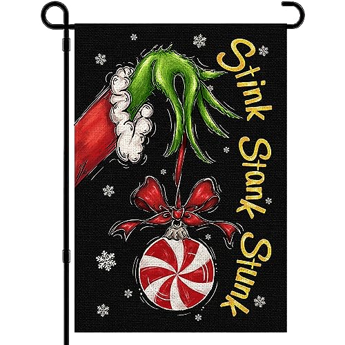 DIYDEC Christmas Garden Flag 12x18 Inch Christmas Outdoor Flag Vertical Double Sided Burlap Xmas Yard Sign Stink Stank Stunk Candy Design Flag for Winter Outside Garden Seasonal Holiday Party Decoration