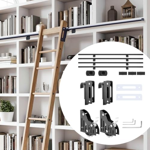 Zonon 16 ft Rolling Library Ladder Hardware Kit Includes Telescope Hook for Sliding Library Ladder 300lb Bottom Wheel with Brake Load Capacity for Stair Bookshelf Fit Thickness 1-1/8" Stepladder