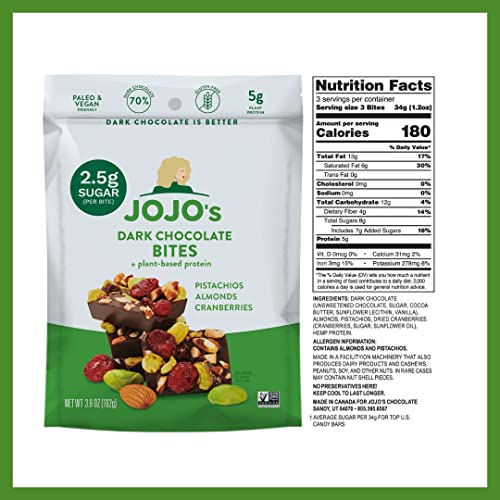 Jojo's Dark Chocolate Bites Made With Hemp, Plant Based Protein, Low Sugar, Low Carb, Vegan, Paleo & Keto Friendly, Healthy Snack, Original, 3.9Oz Bag (4 Count) #TOP4