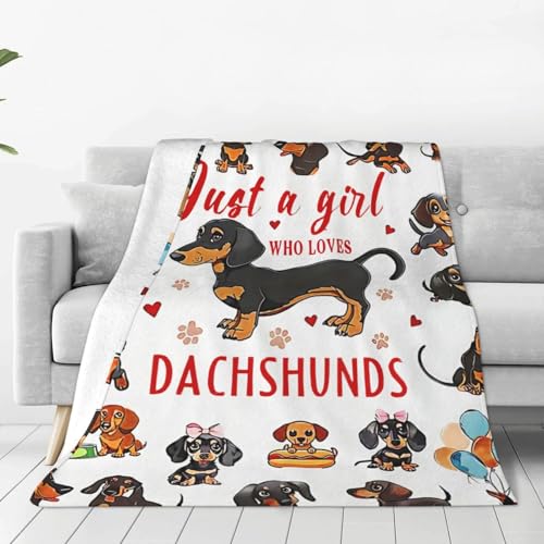 SweetFox Just A Girl Who Loves Dachshunds Blanket, Dachshund Dog Decor Throw Blanket Gifts for Girls Boys Lover Super Warm Soft Plush Fleece Flannel Bedding Blankets for Kids Adults Men Women 80"X60"