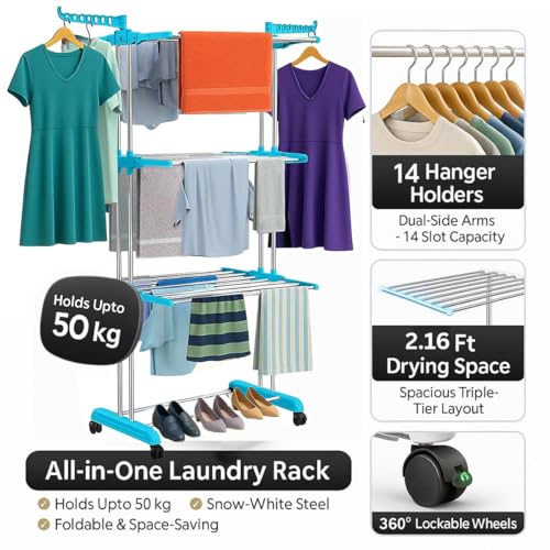 Image of Premium 3 Layer Clothes Drying Stand with Wheels | Foldable Wings | Double Pole Alloy Steel Rack | 360 Rotatable Hanger Rods | Portable Balcony Laundry Dryer Space Saving | 43.2D x 78.7W x 165H cm