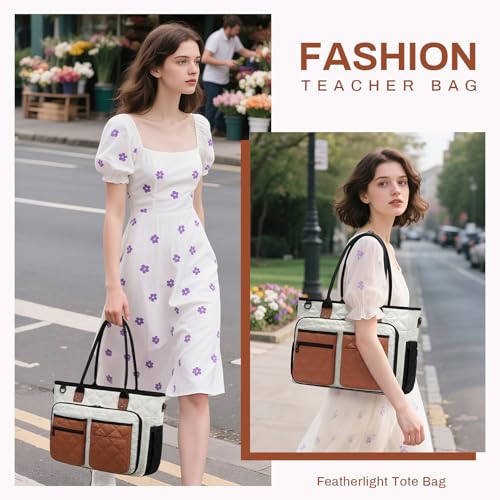 Teacher Tote Bag for Women, Large Teacher Work Bag with Accordion File Organizer Pocket, 15.6 inch Laptop Briefcase for Office, College, Nursing, Brown — view 2