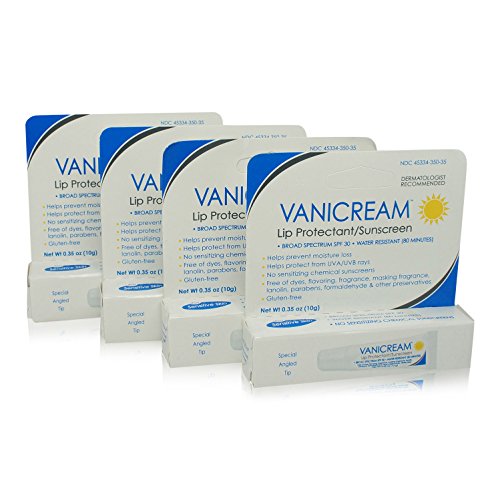 4 PACK VALUE SET - Vanicream Lip Protectant Tube  0.35 ounces (10g) each tube - SPF 30  UVA - UVB  Water Resistant Sunblock Lip Care Cream For Dry Lips  Dermatologist Recommended Lip Care